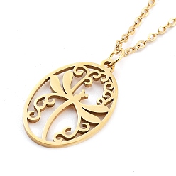 Real 18K Gold Plated 304 Stainless Steel Pendant Necklaces, Cable Chains, Oval with Dragonfly, Real 18K Gold Plated, 17.44 inch(44.3cm)