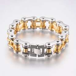 Golden & Stainless Steel Color Men's 201 Stainless Steel Bracelets, Motorcycle Chain Bracelets, Golden & Stainless Steel Color, 9 inch(230mm), 15x7.5mm