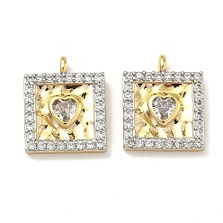 Платиновый & Золотой Латунные микропаве прозрачные подвески с фианитом, квадрат с подвесками в виде сердечек, без кадмия и без свинца, долговечный, стойки покрытие, платиной и золотом, 16x13x3 мм, отверстие : 1.8 мм
