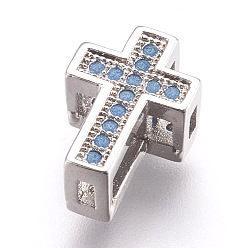 Platinum Brass Micro Pave Cubic Zirconia Beads, Lead Free & Cadmium Free, Cross, Light Sky Blue, Platinum, 11.5x8x5.5mm, Hole: 1mm and 2x5mm