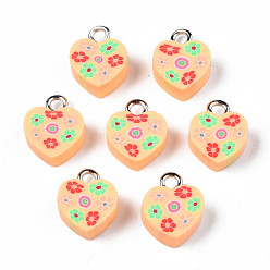 Sandy Brown Handmade Polymer Clay Charms, with Platinum Plated Iron Loop, Heart with Flower, Sandy Brown, 11~12.5x9.5~10x4~5mm, Hole: 1.8mm