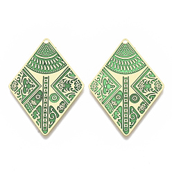 Vert Mer Moyen Laiton émail pendentifs, embellissements en métal gravé, couleur or mat, losange, vert de mer moyen, 38.5x28x0.3mm, Trou: 1.2mm