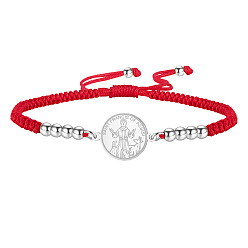 Stainless Steel Color Religion 304 Stainless Steel Saint Francis of Assisi Medal Charm Adjustable Red Braided Cord Bracelets, Stainless Steel Color, 6.69 inch(17cm)