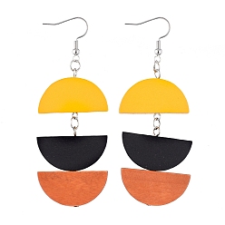Yellow Semicircle Wood Dangle Earrings, with Iron Findings and Brass Earring Hooks, Half Round, Yellow, 80mm, Pin: 0.7mm