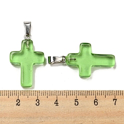 Зеленый лайм Стекло подвеска, с фурнитурой платина железная, крест прелести, зеленый лайм, 29x18x5.5 мм, отверстие : 7x3.5 мм