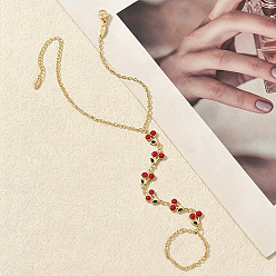 Golden Bohemian Brass Enamel Red Cherry Charm Hand Chain Finger Ring Bracelets for Women, Golden, 7.28 inch(18.5cm)