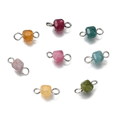 Нержавеющая Сталь Цвет Подвески-соединители из натурального цветного турмалина с ограненными гранями в форме куба, с 304 двойными петлями из нержавеющей стали, цвет нержавеющей стали, 12x5x5 мм, отверстие : 1.8~2 мм