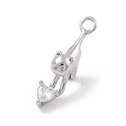 Платина Латунные микро проложить кубического циркония подвески, без кадмия, без никеля и без свинца, подвески в форме кошки, платина, 17x4x9 мм, отверстие : 1.6 мм