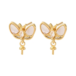 Настоящее золото 18K Фурнитура для серег-гвоздиков из латунных ракушек с микропаве из кубического циркония, за половину пробурено бисера, с уха орехов, бабочка, без кадмия и без свинца, стойки покрытие, долговечный, реальный 18 k позолоченный, 16.5x12.5 мм, штифты : 0.9x11.5 мм