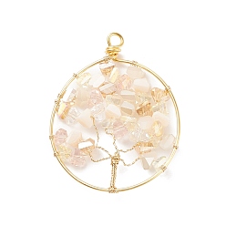 Pink Electroplate Glass Pendants, with Real 18K Gold Plated Tone Eco-Friendly Copper Wire, Ring with Tree, Pink, 47~50x38~39x5~6mm, Hole: 2.5~4.5mm