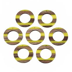 Yellow Resin & Walnut Wood Pendants, Two Tone, Ring, Yellow, 39x2~3mm, Hole: 2mm
