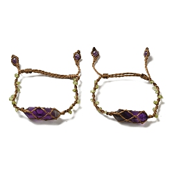 Amethyst Natural Amethyst Bullet Braided Bead Bracelets, Nylon Macrame Pouch Adjustable Bracelets with Peridot Chips for Women Men, Inner Diameter: 2~3-3/8 inch(5.1~8.55cm), Bullet: 35x11mm