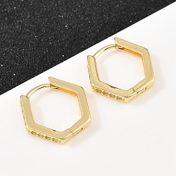 Настоящее золото 18K Шестиугольные латунные серьги-кольца с кубическим цирконием, без кадмия и без свинца, долговечный, стойки покрытие, реальный 18 k позолоченный, 15x17x2.5 мм