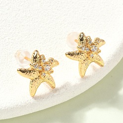 Настоящее золото 18K Серьги-гвоздики из латуни с микропаве из прозрачных кубических цирконий в виде морских звезд, без никеля , реальный 18 k позолоченный, 12x12.5 мм