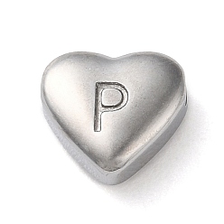 Letter P 201 Stainless Steel Beads, Stainless Steel Color, Heart, Letter P, 7x8x3.5mm, Hole: 1.5mm