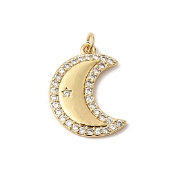 Настоящее золото 18K Латунные микропаве прозрачные подвески с фианитом, Луна прелести, долговечный, стойки покрытие, без свинца и без кадмия, реальный 18 k позолоченный, 21.5x15.5x2 мм, Перейти кольцо: 4.5x0.7 мм, внутренний диаметр: 3.1 мм