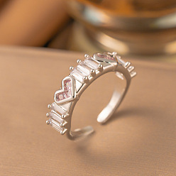 Серебро Латунные кольца-манжеты с микропаве из прозрачных кубических цирконий, сердце, серебряные, размер США 4 1/4 (15~20 мм)