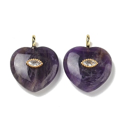 Amethyst Natural Amethyst Pendants, Heart Charms with Brass Micro Pave Clear Cubic Zirconia Findings, Golden, 31.5~32x25~25.5x9.5~10.5mm, Hole: 4mm