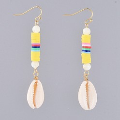 Yellow Dangle Earrings, with Polymer Clay Heishi Beads, Natural Spiral Shell Round Beads, Cowrie Shell Beads and Real 18K Gold Plated Brass Earring Hooks, Yellow, 75mm, Pin: 0.7mm