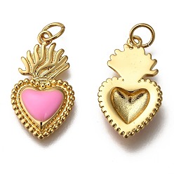 Pearl Pink Golden Tone Brass Enamel Pendants, with Jump Rings, Long-Lasting Plated, Heart, Pearl Pink, 22x12x3mm, Hole: 3.5mm