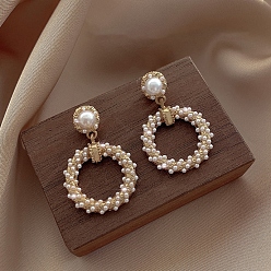 Ring Imitation Pearl Beads Dangle Earring for Women, with Alloy Findings and 925 Sterling Silver Pins, Ring, 10mm