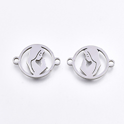 Stainless Steel Color Tarnish Resistant 201 Stainless Steel Links connectors, Laser Cut Links, Flat Round with Woman, Stainless Steel Color, 14x18.5x1mm, Hole: 1.5mm