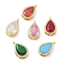 Color mezclado Latón pavimenta colgantes de circonio cúbico, encantos de lágrima, encantos de una sola piedra, larga duración plateado, chapado en rack, sin plomo y el cadmio, real 18 k chapado en oro, color mezclado, 17x10x5 mm, agujero: 1.6 mm