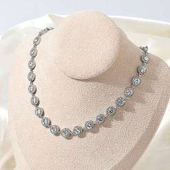 Crystal 304 Stainless Steel Full Rhinestone Flat Round Link Chain Necklaces for Women, Stainless Steel Color, Crystal, 16.14 inch(41cm)
