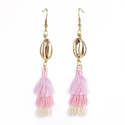 Pink Tassels Dangle Earrings, with Electroplated Shell Beads and Stainless Steel Findings, Pink, 95mm, Pendants: 77x12x6mm, Pin: 0.7mm