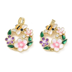 Real 18K Gold Plated Brass Micro Pave Clear Cubic Zirconia Pendants, with Resin & Enamel, Wreath Charms, Colorful, Real 18K Gold Plated, 20x18x4.5mm, Hole: 4.5x2.5mm