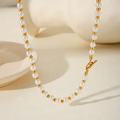 Белый Европейские 5.7мм круглые искусственные жемчужины и бусины из нержавеющей стали для женщин, золотые, белые, 17.72 дюйм (45 см)