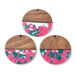 Темно-Розовый Подвески из смолы и ореха, плоско-круглые, темно-розовыми, 38x2.5 мм, отверстие : 2 мм