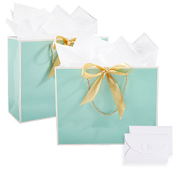 Аквамарин 2шт. бумажные подарочные пакеты, с ручками из полиэстера и лентой, прямоугольные, с 4 наборами упаковочной бумаги и 2шт. мини-бумажных конвертов, аквамарин, 32x11x25 см, складка: 32x25x0.4 см