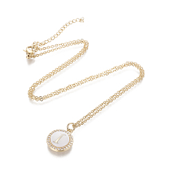 Letter I Brass Initial Pendant Necklaces, with Shell, Cubic Zirconia and 304 Stainless Steel Cable Chains, Flat Round with Letter, Letter.I, 17.5 inch(44.5cm), 1.5mm