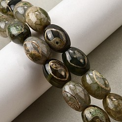 Yin-yang Pattern Тибетского стиля DZI бисер нитей, природных бисера агат, окрашенная и подогревом, рис, темно-оливковый зеленый, узор инь-ян, 16x12 мм, отверстие : 1.8 мм, около 20 шт / нитка, 12.60'' (32 см)