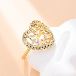 Настоящее золото 18K Латунные кольца-манжеты с микропаве и прозрачным цирконием для женщин, сердце, стойки покрытие, без кадмия и без свинца, прочное покрытие, реальный 18 k позолоченный, 15.5x15.5 мм, размер США 6 (16.5 мм)