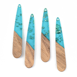 Темно-бирюзовый Подвески из прозрачной смолы и ореха, золотой фольгой, слеза, темные бирюзовый, 44x7.5x3 мм, отверстие : 1.5 мм