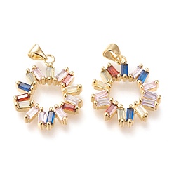 Golden Brass Micro Pave Clear Cubic Zirconia Pendants, Long-Lasting Plated, Ring, Colorful, Golden, 28x20x3mm, Hole: 5x4mm