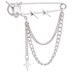 Platinum 1Pc Star Alloy Hanging Chain Brooches, Platinum, 91x70x13mm