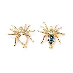 Mixed Color Rack Plating Brass Micro Pave Cubic Zirconia Connector Charms, with Enamel & Natural Shell, Long-Lasting Plated, Spider, Mixed Color, 26x25x5mm, Hole: 1.8mm