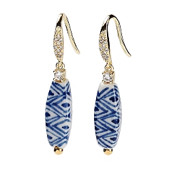 Золотой Болтаться серьги овальной фарфора, серьги из латуни с микро-паве, прозрачные серьги с кубическим цирконием для женщин, золотые, 38~39x7 мм