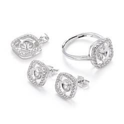 Платина Латунное кольцо на палец, подвески и серьги-гвоздики, с кубического циркония, за половину пробурено бисера, долговечный, квадратный, прозрачные, платина, кольцо: внутренний диаметр: 19 мм, подвески: 16x12.5x4 мм, отверстия: 3.5x3 мм, серьги: 15x11 мм, штифты : 0.8 мм