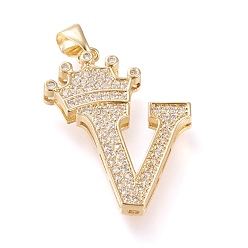 Letter V Латунные микро проложить кубического циркония подвески, долговечный, со сменными под залог, letter.v с короной, реальный 18 k позолоченный, прозрачные, letter.v, V: 28x21.5x4 мм, отверстие : 3x4 мм