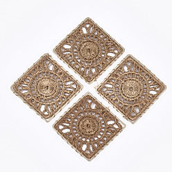 Верблюжий Поликоттон (полиэстер хлопок) тканые подвесные украшения, с латунной фурнитурой , квадрат с плоской раунде, золотой свет, верблюжие, 30x30x1 мм