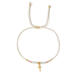 Лунный Камень Браслеты из плетеных бусин из натурального лунного камня, Браслеты с подвесками в виде креста из нержавеющей стали для женщин, граненые