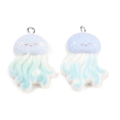 Jellyfish Флокированные подвески из непрозрачной смолы, с железной платиной петлей, голубой, очарование медузы, 30x20.5x7.5 мм, отверстие : 2 мм
