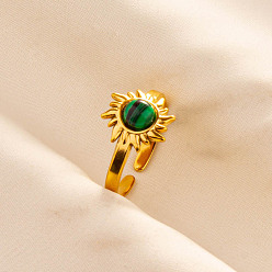 Малахит Регулируемые 304 манжеты из нержавеющей стали с открытыми кольцами для женщин, солнце, с синтетическим малахита, золотые, 11 мм, внутренний диаметр: 17 мм