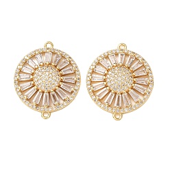 Real 18K Gold Plated Brass Pave Clear Cubic Zirconia Connector Charms, Flat Round Links, Rack Plating, Long-Lasting Plated, Cadmium Free & Lead Free, Real 18K Gold Plated, 25x21x4mm, Hole: 1.2mm