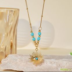 Солнце 304 Подвеска-колье из нержавеющей стали с микропаве, кубическим цирконием и синтетической бирюзой, символизирующей «оберег от сглаза»., золотые, голубой, солнце, 17.72 дюйм (45 см), Кулон : 25 мм