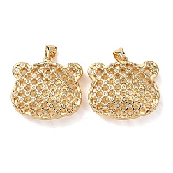 Настоящее золото 18K Латунные микропаве прозрачные подвески с фианитом, долговечный, Полые амулеты в виде медведей, реальный 18 k позолоченный, 22x23.5x8 мм, отверстие : 4x3.5 мм